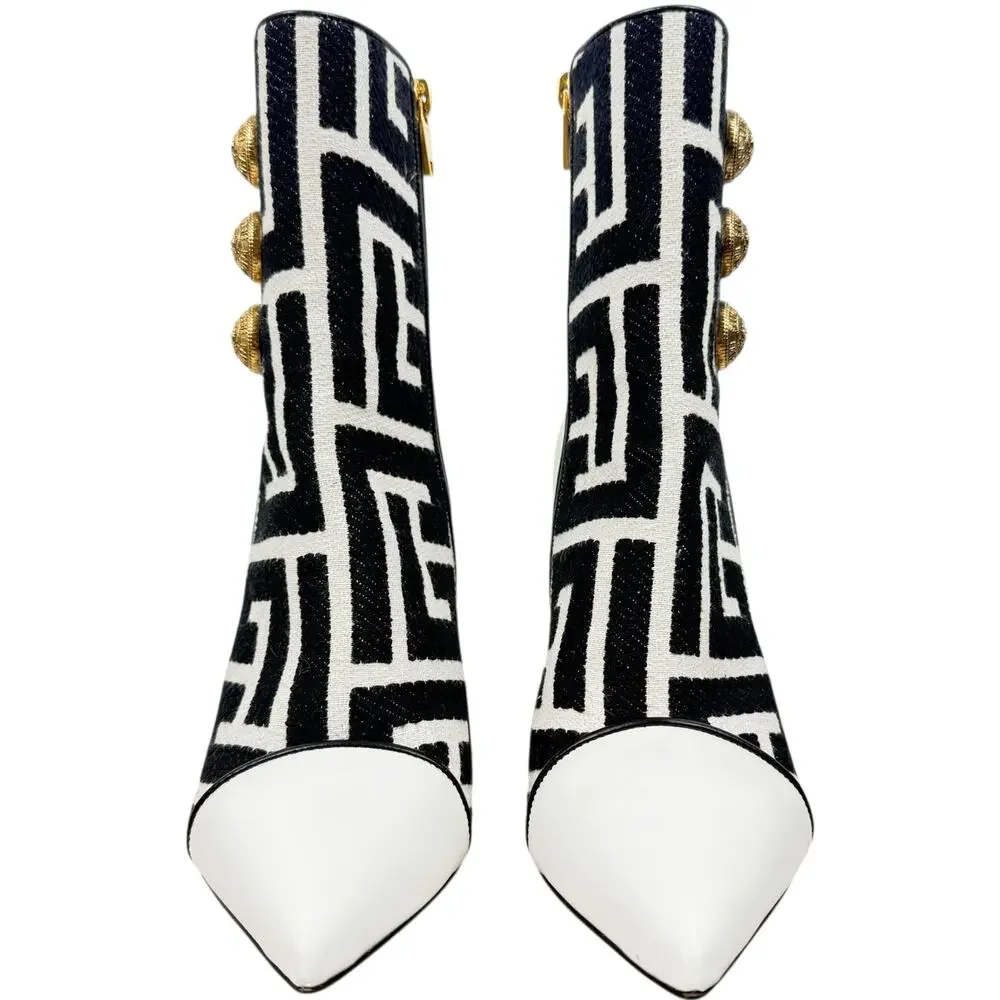 Balmain Roni Monogram Jacquard Leather Ankle Booties White Size 37.5
